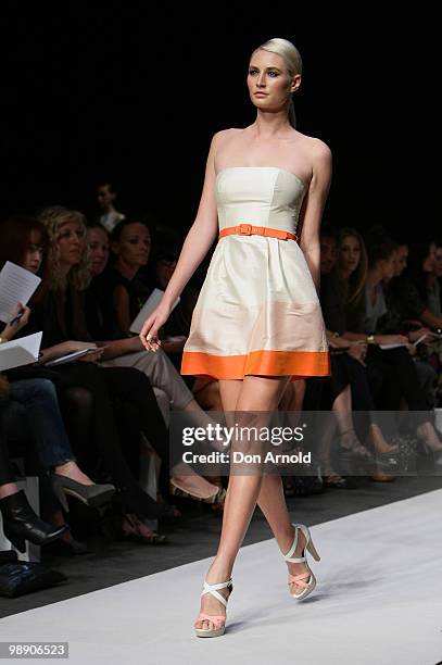 Model showcases designs on the catwalk at the Jayson Brunsdon collection show on the third day of Rosemount Australian Fashion Week Spring/Summer...