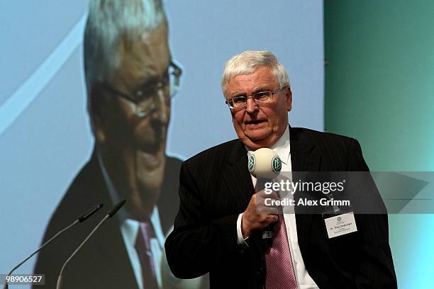 Theo Zwanziger, president of the German Football Association, delivers his speech at the DFB South West Congress at the Steigenberger Airport Hotel...