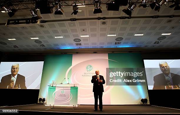 Theo Zwanziger, president of the German Football Association, delivers his speech at the DFB South West Congress at the Steigenberger Airport Hotel...