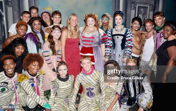 Producer Gwyneth Paltrow poses with the cast of her new musical "Head Over Heels" featuring songs from the band The Go-Go's on Broadway at The Hudson...
