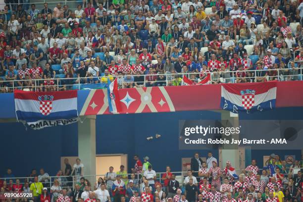 General View of Croatia fans and flags during the 2018 FIFA World Cup Russia Round of 16 match between Croatia and Denmark at Nizhny Novgorod Stadium...