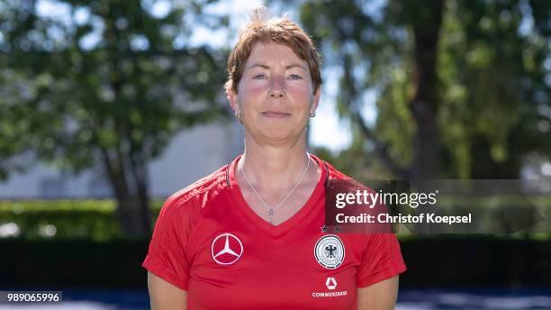 Head coach Maren Meinert poses during the Germany Women's U19 Team Presentation at Sport Centrum Kamen-Kaiserau on July 1, 2018 in Kamen, Germany.