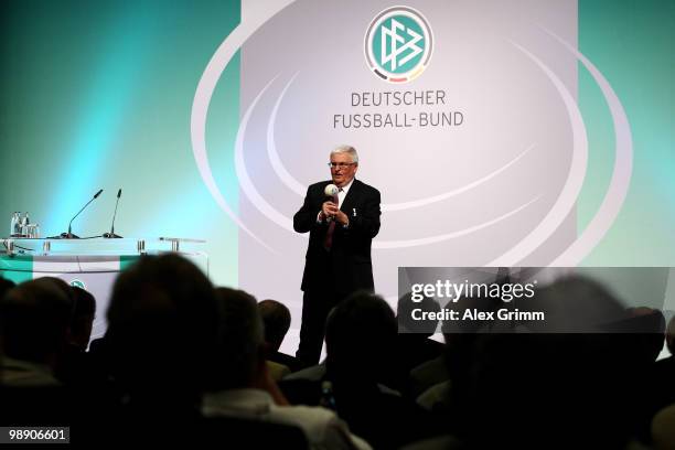 Theo Zwanziger, president of the German Football Association, delivers his speech at the DFB South West Congress at the Steigenberger Airport Hotel...