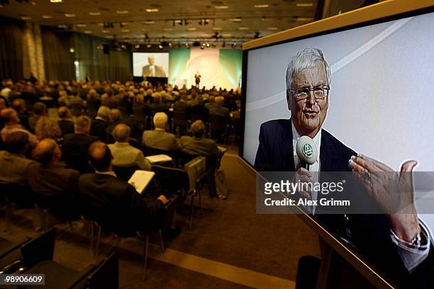 Theo Zwanziger, president of the German Football Association, is seen on a screen as he delivers his speech at the DFB South West Congress at the...