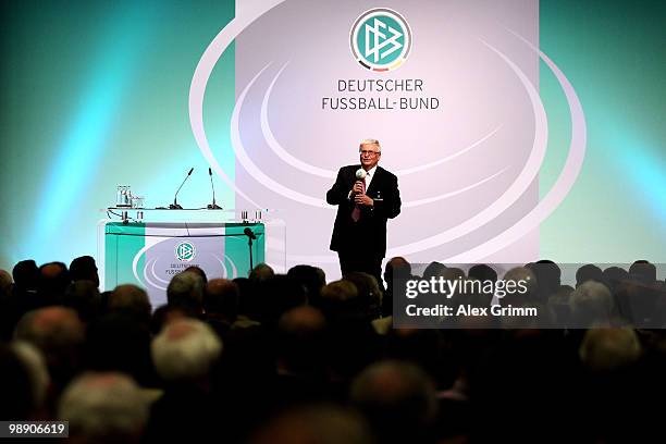 Theo Zwanziger, president of the German Football Association, delivers his speech at the DFB South West Congress at the Steigenberger Airport Hotel...