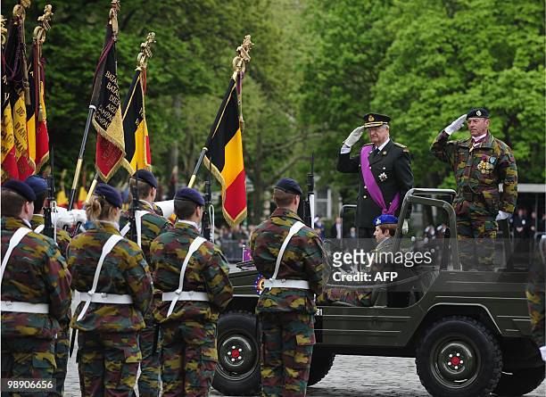 King Albert II of Belgium and soldiers attend the celebration of the 65th birthday of the end of the second World War in the Jubelpark in Brussels,...