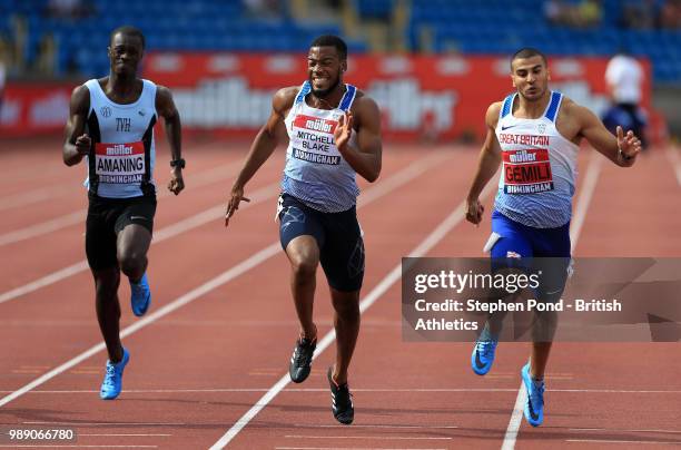 Nethaneel Mitchell-Blake of Great Britain wins ahead of Adam Gemili of Great Britain in the Men's 200m Final during Day Two of the Muller British...