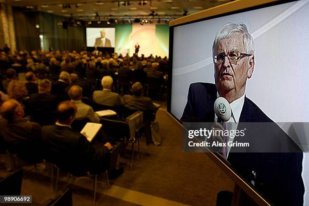 Theo Zwanziger, president of the German Football Association, is seen on a screen as he delivers his speech at the DFB South West Congress at the...