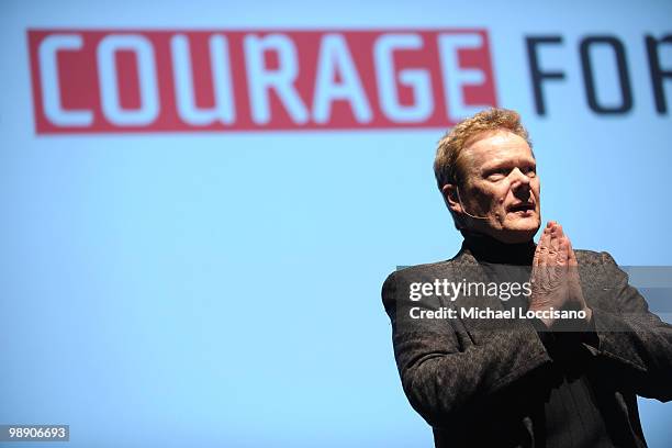 High wire artist Philippe Petit addresses the audience during the 2010 Courage Forum with Sir Richard Branson & Philippe Petit presented by The...