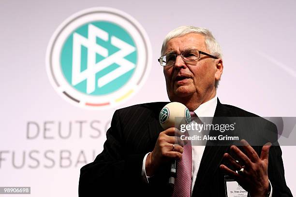 Theo Zwanziger, president of the German Football Association, delivers his speech at the DFB South West Congress at the Steigenberger Airport Hotel...