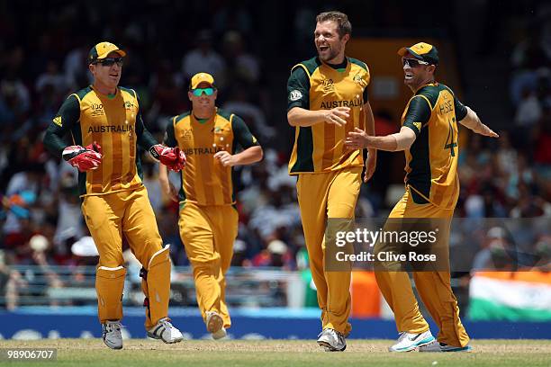Dirk Nannes of Australia celebrates the wicket of Gautam Gambhir of India during the ICC World Twenty20 Super Eight match between Australia and India...
