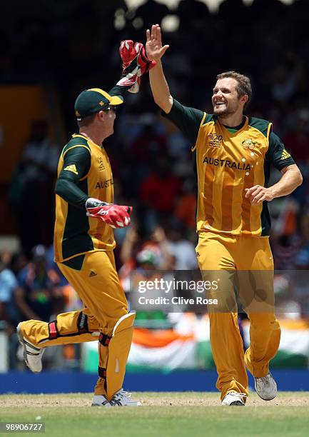 Dirk Nannes of Australia celebrates the wicket of Murali Vijay of India during the ICC World Twenty20 Super Eight match between Australia and India...