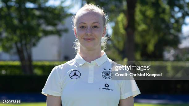 Meret Wittje poses during the Germany Women's U19 Team Presentation at Sport Centrum Kamen-Kaiserau on July 1, 2018 in Kamen, Germany.