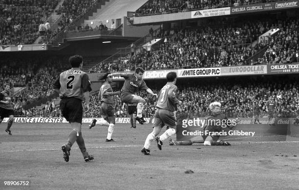 Mark Hughes of Chelsea shoots for goal during the FA Carling Premiership match between Chelsea and Blackburn Rovers held on May 5, 1996 at Stamford...