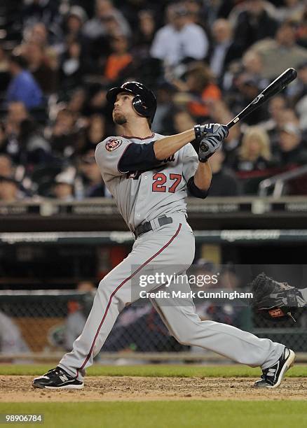 Hardy of the Minnesota Twins bats against the Detroit Tigers during the game at Comerica Park on April 28, 2010 in Detroit, Michigan. The Tigers...