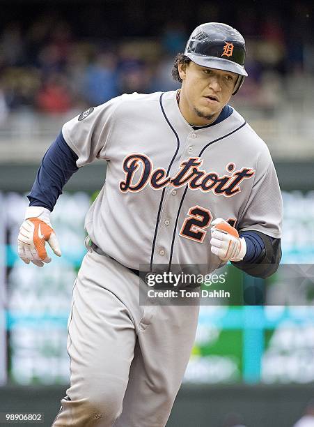 Miguel Cabrera of the Detroit Tigers runs the bases following a home run during a game against the Minnesota Twins at Target Field on May 5, 2010 in...