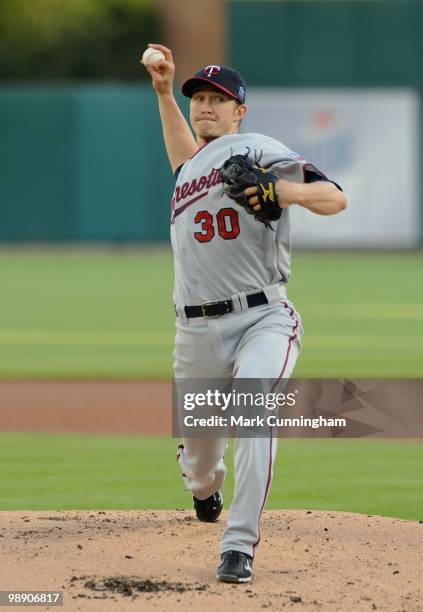 Scott Baker of the Minnesota Twins pitches against the Detroit Tigers during the game at Comerica Park on April 28, 2010 in Detroit, Michigan. The...