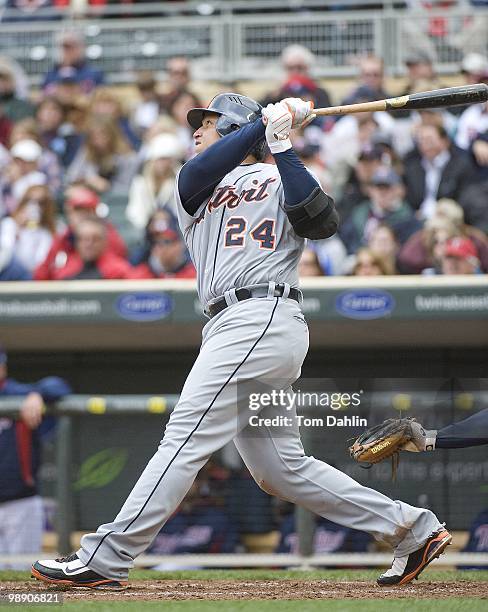 Miguel Cabrera of the Detroit Tigers hits a home run during a game against the Minnesota Twins at Target Field on May 5, 2010 in Minneapolis, MN.