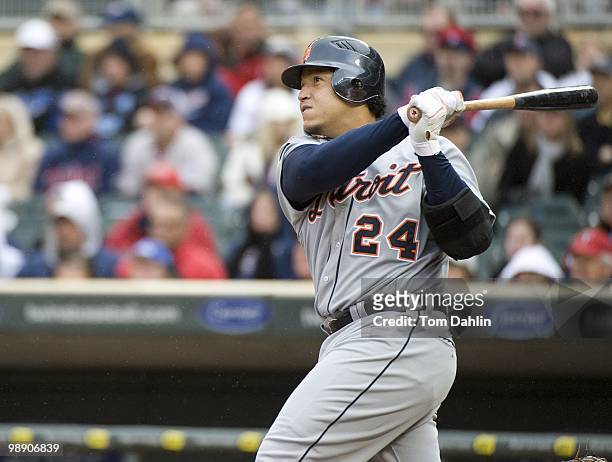 Miguel Cabrera of the Detroit Tigers hits a home run during a game against the Minnesota Twins at Target Field on May 5, 2010 in Minneapolis, MN.