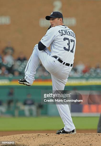 Max Scherzer of the Detroit Tigers pitches against the Minnesota Twins during the game at Comerica Park on April 28, 2010 in Detroit, Michigan. The...