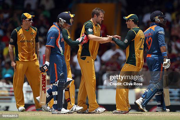 Dirk Nannes of Australia celebrates the wicket of Yuvraj Singh of India during the ICC World Twenty20 Super Eight match between Australia and India...