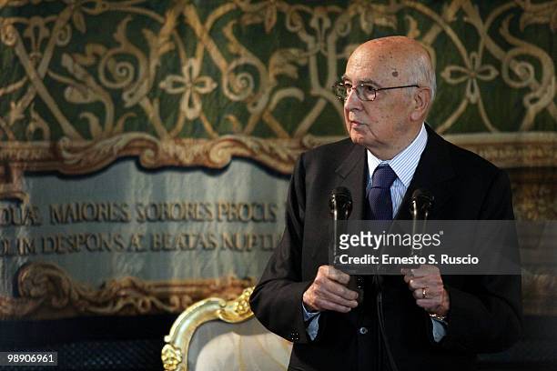 President of the Italian Republic Giorgio Napolitano attends the David di Donatello nominations at Quirinale on May 7, 2010 in Rome, Italy.
