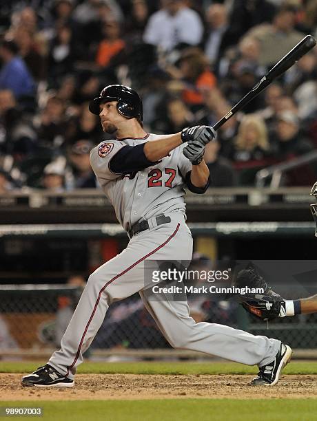 Hardy of the Minnesota Twins bats against the Detroit Tigers during the game at Comerica Park on April 28, 2010 in Detroit, Michigan. The Tigers...