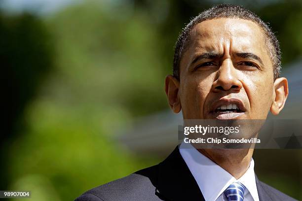 President Barack Obama delivers remarks about the economy on the driveway of the South Lawn at the White House May 7, 2010 in Washington, DC. Obama...