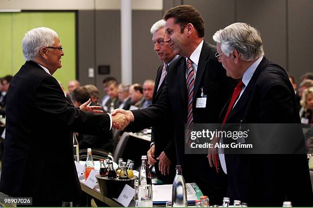 Theo Zwanziger , president of the German Football Association, welcomes participants of the DFB South West Congress at the Steigenberger Airport...