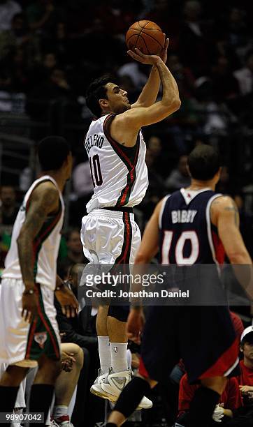 Carlos Delfino of the Milwaukee Bucks puts up a shot against the Atlanta Hawks in Game Four of the Eastern Conference Quarterfinals during the 2010...