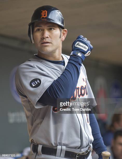 Johnny Damon of the Detroit Tigers stretches in the dugout prior to a game against the Minnesota Twins at Target Field on May 5, 2010 in Minneapolis,...