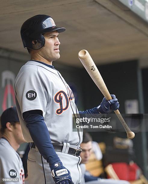 Johnny Damon of the Detroit Tigers prepares to go on deck during a game against the Minnesota Twins at Target Field on May 5, 2010 in Minneapolis, MN.