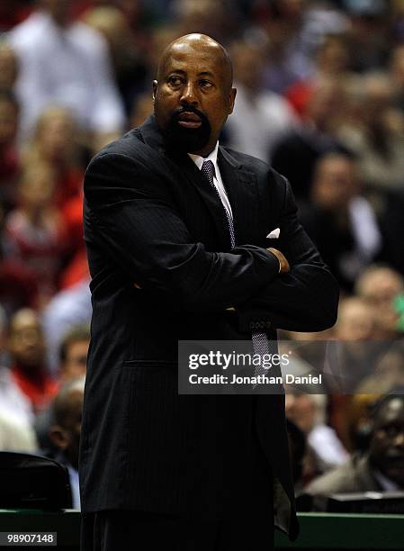 Head coach Mike Woodson of the Atlanta Hawks watches as his team takes on the Milwaukee Bucks in Game Four of the Eastern Conference Quarterfinals...