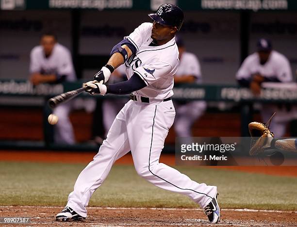 Outfielder Carl Crawford of the Tampa Bay Rays bats against the Kansas City Royals during the game at Tropicana Field on April 30, 2010 in St....