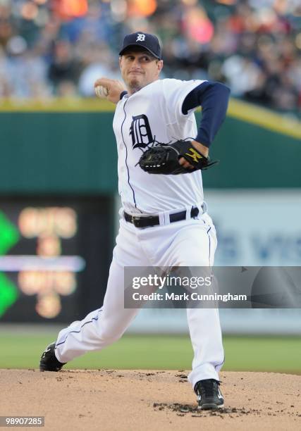 Max Scherzer of the Detroit Tigers pitches against the Minnesota Twins during the game at Comerica Park on April 28, 2010 in Detroit, Michigan. The...