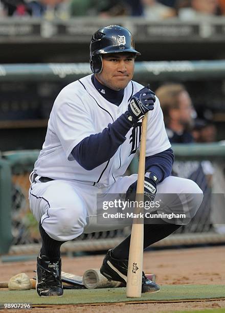 Johnny Damon of the Detroit Tigers looks on while waiting to bat against the Minnesota Twins during the game at Comerica Park on April 28, 2010 in...