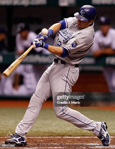 Outfielder Mitch Maier of the Kansas City Royals fouls off a pitch against the Tampa Bay Rays during the game at Tropicana Field on April 30, 2010 in...