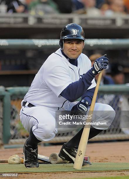 Johnny Damon of the Detroit Tigers looks on while waiting to bat against the Minnesota Twins during the game at Comerica Park on April 28, 2010 in...