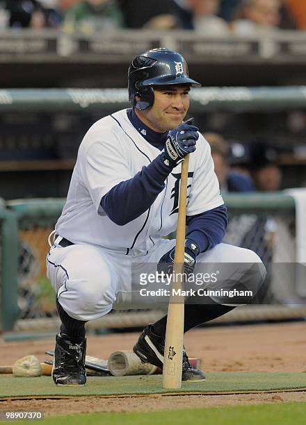 Johnny Damon of the Detroit Tigers looks on while waiting to bat against the Minnesota Twins during the game at Comerica Park on April 28, 2010 in...