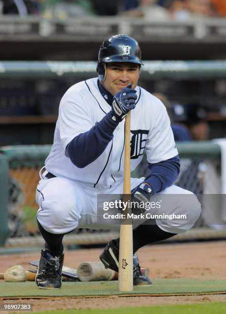 Johnny Damon of the Detroit Tigers looks on while waiting to bat against the Minnesota Twins during the game at Comerica Park on April 28, 2010 in...