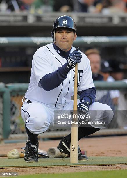 Johnny Damon of the Detroit Tigers looks on while waiting to bat against the Minnesota Twins during the game at Comerica Park on April 28, 2010 in...