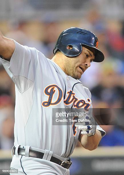 Johnny Damon of the Detroit Tigers follows through on a swing during a game against the Minnesota Twins at Target Field on May 3, 2010 in...