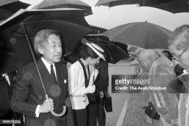 Crown Prince Akihito and Crown Princess Michiko are seen after visitng the Memorial for the victims of the Battle of Okinawa at the Okinawa Peace...