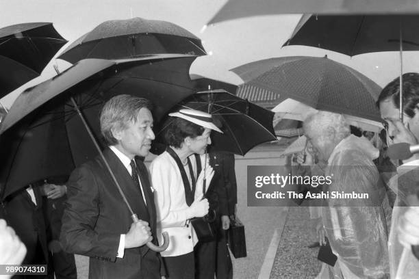 Crown Prince Akihito and Crown Princess Michiko are seen after visitng the Memorial for the victims of the Battle of Okinawa at the Okinawa Peace...