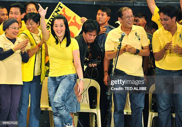 Kris Aquino , popular TV host and sister of Liberal party presidential candidate Benigno Aquino , flashes the "Laban" sign during the Miting de...