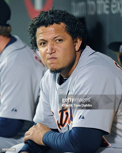 Miguel Cabrera of the Detroit Tigers sits on the dugout bench during a game against the Minnesota Twins at Target Field on May 3, 2010 in...