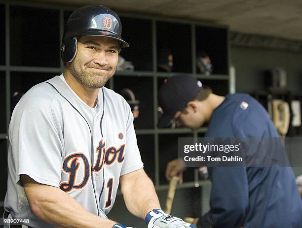 Johnny Damon of the Detroit Tigers puts on his batting gloves prior to a game against the Minnesota Twins at Target Field on May 3, 2010 in...