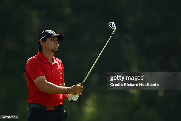 Jason Day of Australia hits a shot on the 14th hole during the second round of THE PLAYERS Championship held at THE PLAYERS Stadium course at TPC...