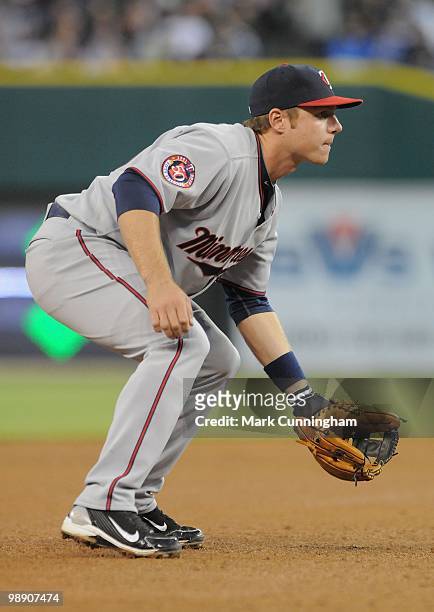 Luke Hughes of the Minnesota Twins fields during his Major League debut game against the Detroit Tigers at Comerica Park on April 28, 2010 in...
