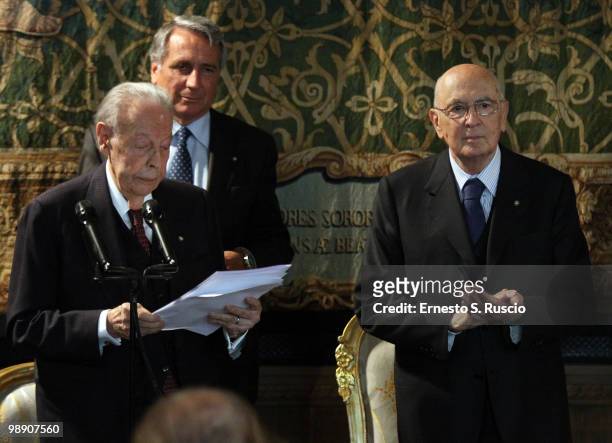 Gian Luigi Rondi and President Giorgio Napolitano attend the David di Donatello nominations at Quirinale on May 7, 2010 in Rome, Italy.